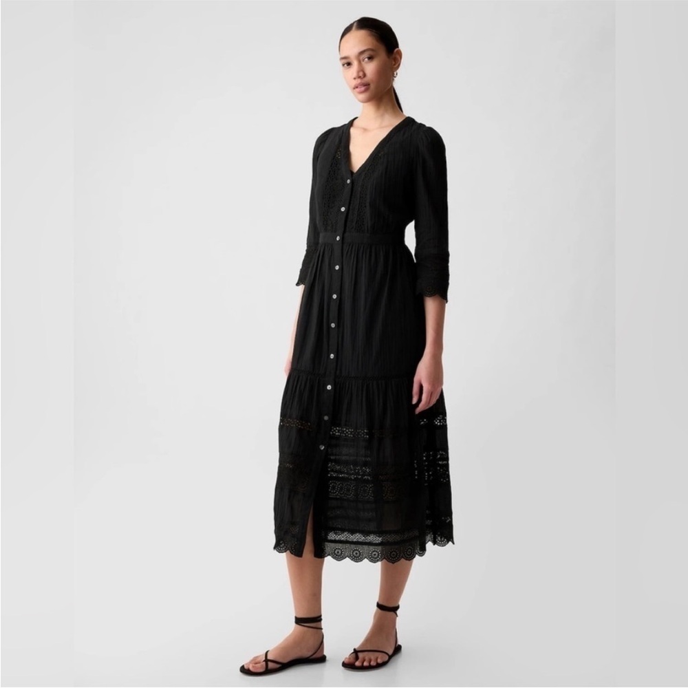AS IS! Gap Women’s Black Textured Crinkle Lace Midi Dress - Size MEDIUM ✂️ - Picture 3 of 6